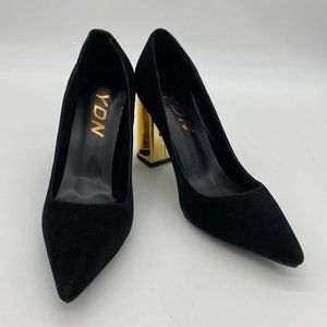 YDN Black Pointy Toe Chunky Suede Pumps Heels Shoe